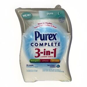 Purex Complete 3 in 1 Laundry Sheets Detergent Pure & Clean 20 Loads NEW Sealed